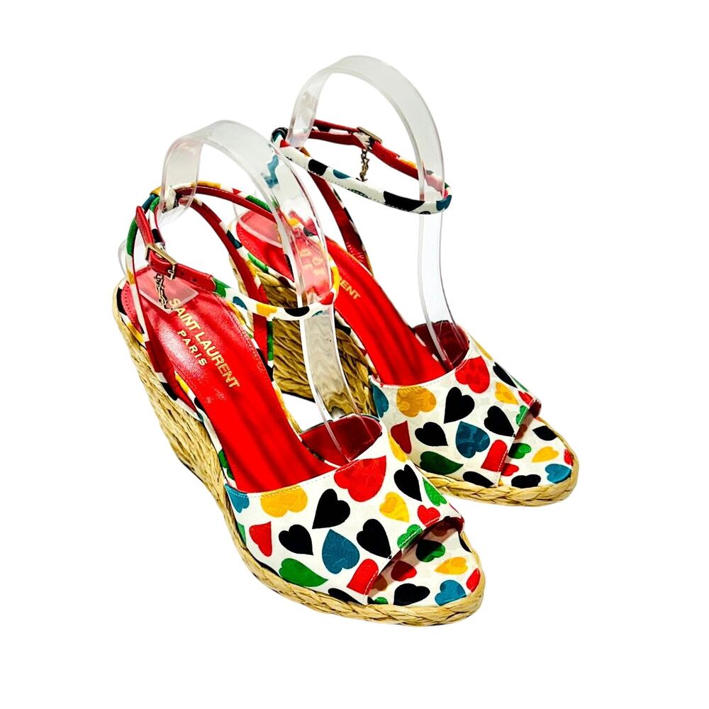 NIB Saint Laurent YSL Paloma 38.5 8.5 Multi Heart Print Espadrille Wedge Sandals